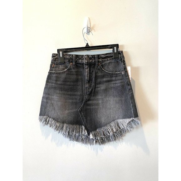 NWT Free People Black Denim Raw Hem Fringe Mini - Picture 5 of 10
